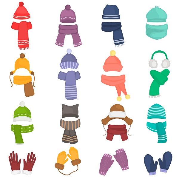 Illustration of hats, gloves and scarves